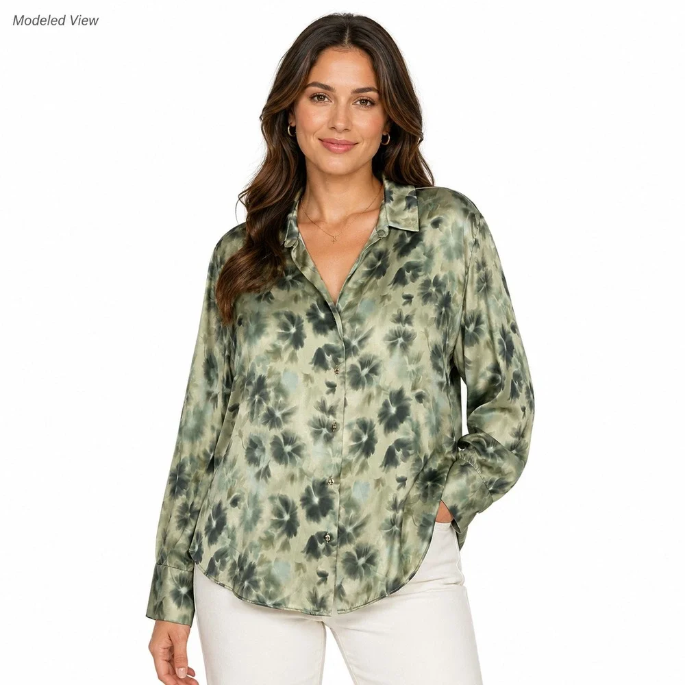 ZARA Green Floral Watercolor Satin Blouse Long Sleeve Button Up Shirt Top NNT